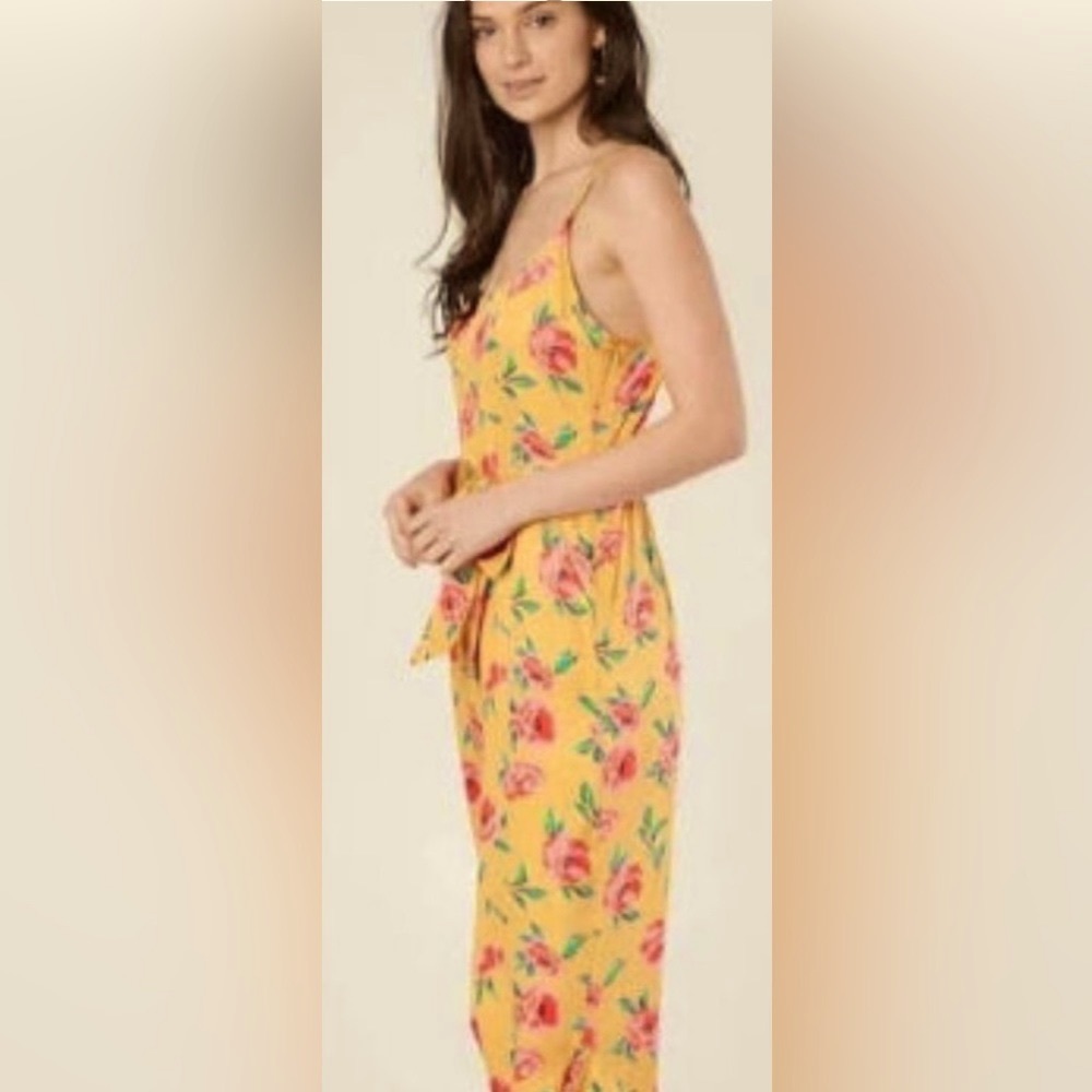 Billabong Floral on Goldenrod Jumpsuit w Asymmetrical Flounced Ruffle Hem